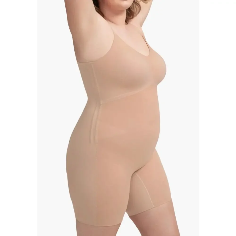 Honeylove Mid-Thigh Sleeveless V-Neck Sculpt Compression Bodysuit Sand size XL - Picture 2 of 9